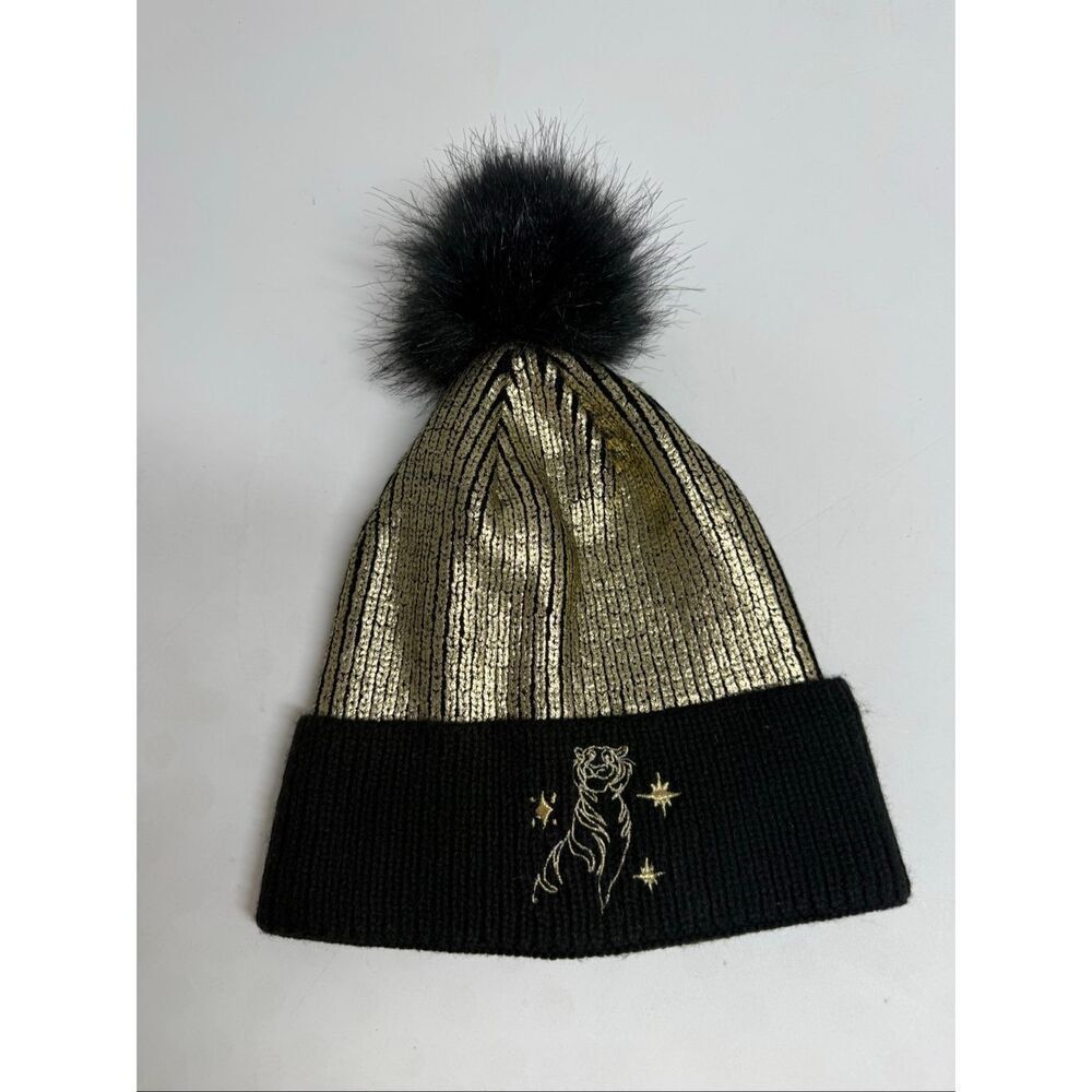 Disney Parks Aladdin Jasmine Rajah Gold Black Knit Beanie Hat Pom Pom OS Adult
